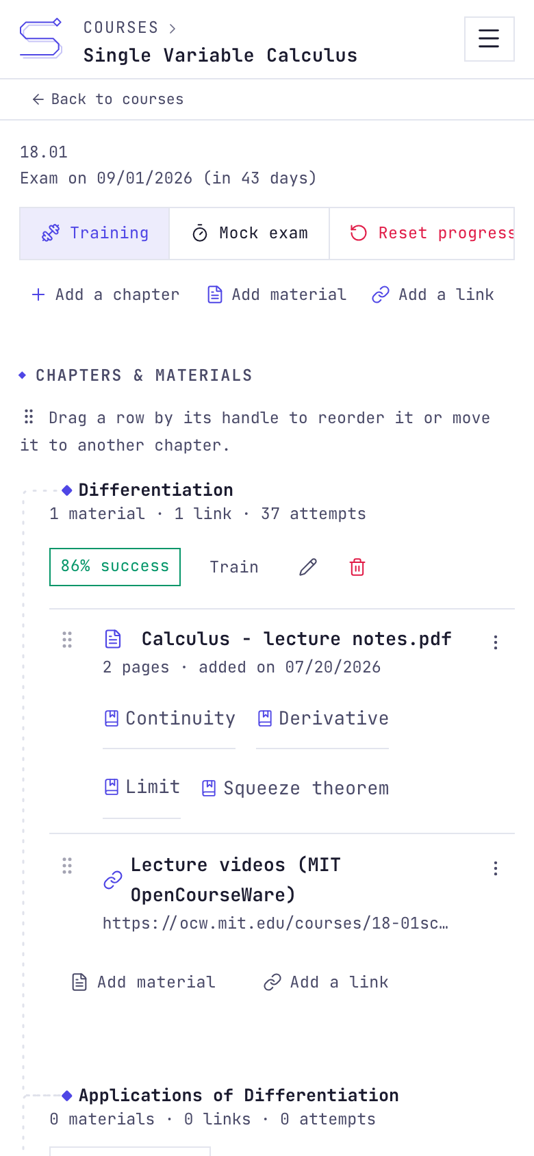 A course page on a phone