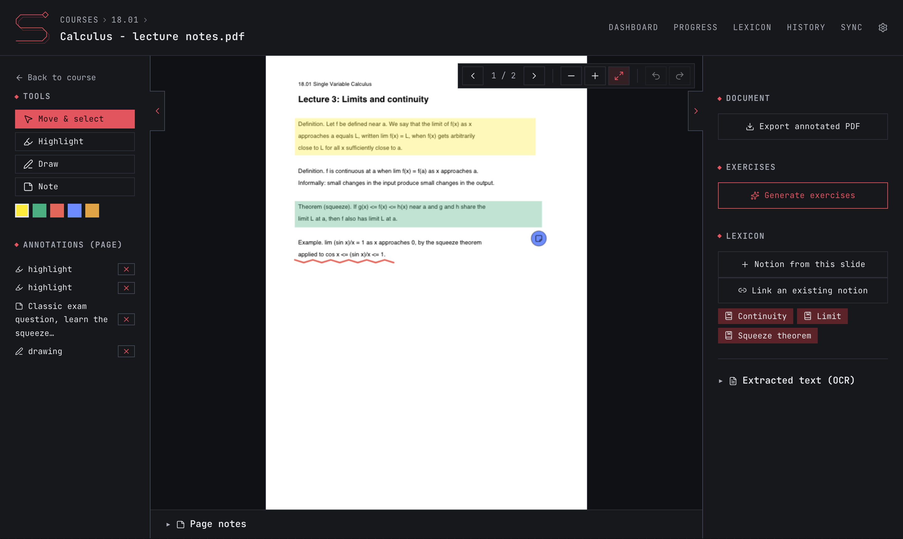 The PDF reader with highlights, a note and linked lexicon notions