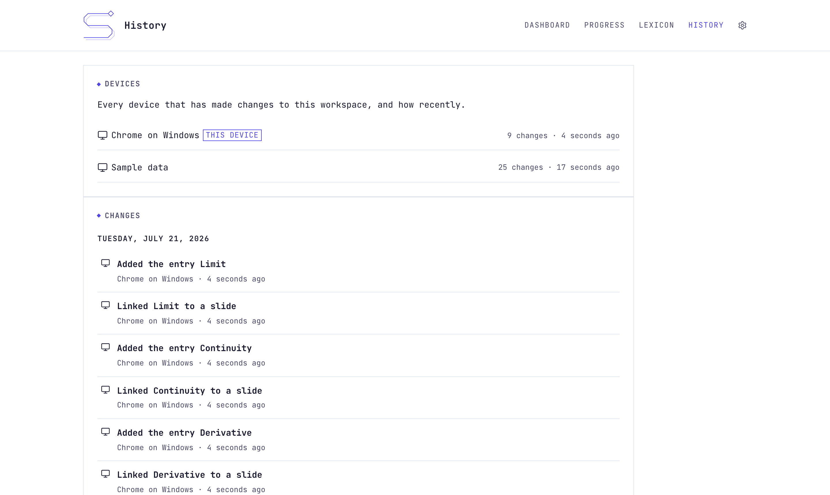 The history timeline with per-device attribution