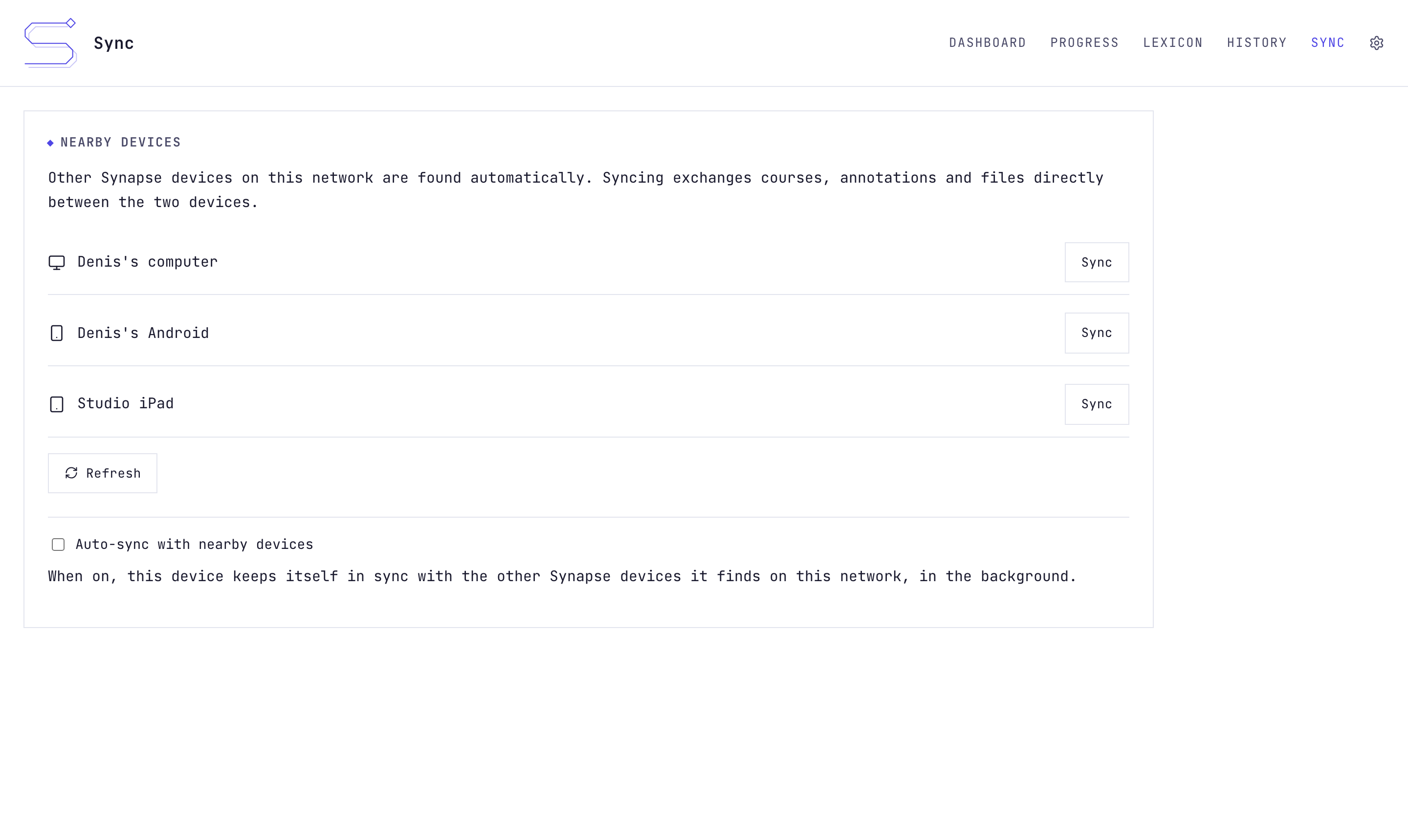 The backup and sync settings